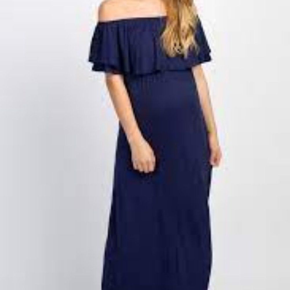 Cool Mee Womens Navy Blue Maternity Off Shoulder Long Maxi Dress Size Medium